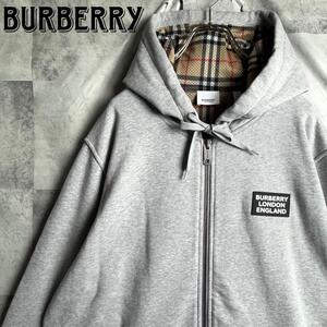 希少 美品 ビッグサイズ 現行 BURBERRY LONDON バーバリーロンドン ノバチェック 総裏地 ジップアップ パーカー チェストロゴ グレー 2XL