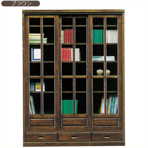 本棚 書棚 引き戸 幅135cm 完成品 和風モダン リビング収納 国産 大容量 木製 ブラウン