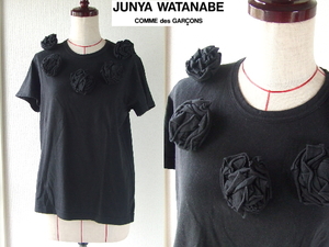 90s☆COMMEdesGARCONSコムデギャルソン☆JUNYA WATANABEお花装飾Tシャツ黒　ジュンヤワタナベ ギャルソンad1997ビンテージ アーカイブ