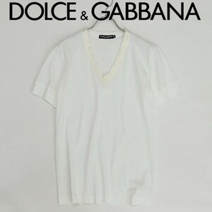 国内正規品◆DOLCE&GABBANA ドルチェ＆ガッバーナ シルク使い コットン Vネック Tシャツ トップス カットソー 白 ホワイト 46
