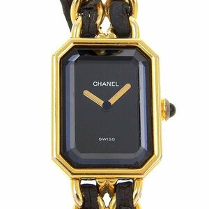 1円 訳あり シャネル CHANEL クオーツ プルミエールM 黒文字盤 GP×GP/レザー レディース 腕時計