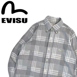 極美品 最高傑作 EVISU パッチワーク 千鳥 チェック 総柄 ボタンダウン 長袖シャツ ドレスシャツ メンズ38 エヴィス ヤマネ 日本製 2406164