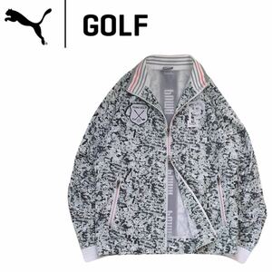 新品同様 年中対応 PUMA GOLF カモフラ 総柄 撥水防風 ビッグロゴ ナイロン ジャケット ジャージ メンズM プーマ ゴルフウェア 2405270