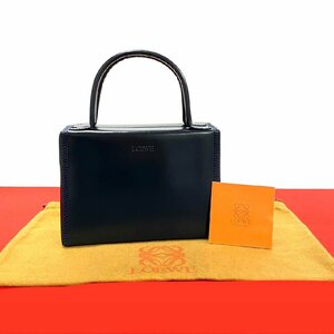 極 美品 希少品 LOEWE ロエベ ヴィンテージ ロゴ エンボス カーフ レザー 本革 ハンドバッグ ミニ トートバッグ ネイビー 紺 32946