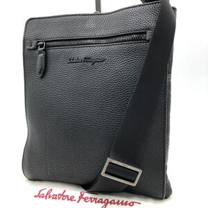 1円【現行/極美品】Salvatore Ferragamo フェラガモ ショルダーバッグ クロスボディ 斜め掛け メンズ ビジネス レザー 本革 ブラック 黒