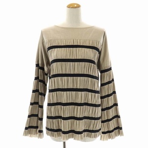 ペレック pelleq Shirring striped tops トップス カットソー ボーダー 長袖 34 グレージュ 黒 ブラック /HK ■OS ■SH レディース