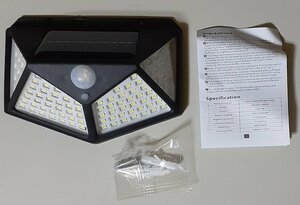 4812 100LED ソーラーウォールランプ BK-100 全面発光 モーションセンサー 防水 階段 屋外 ウォールライト 13.5×9.7×5cm 4面広範囲照射