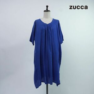 美品 ZUcca ズッカ 襟タックギャザー 半袖カットソーワンピース 膝丈 裏地なし レディース 青 ブルー サイズM*PC93