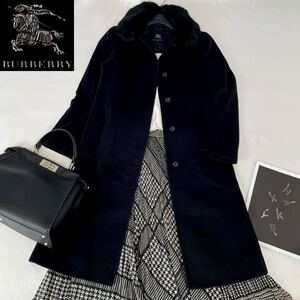 ◆大きいサイズ◆美品◆バーバリー◆BURBERRY 40/11号/L 濃密ラビットファー♪2wayアンゴラウールロングコート セレモニーフォーマル卒業式