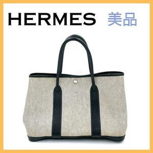 HERMES エルメス ガーデンパーティーPM グレー レディース トートバッグ ハンドバッグ シルバー金具 レザー コットン 美品 おしゃれ 通勤