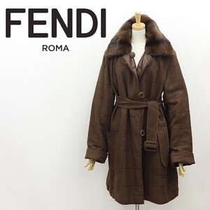 ヴィンテージ◆FENDI フェンディ ウール×シルク ヘリンボーン柄 衿ミンクファー リバーシブル ベルテッド コート 茶色 ブラウン