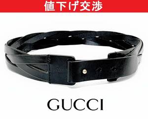 [正規・未使用]グッチGUCCI レザー編みバックルベルト　黒 男女兼