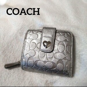 COACH コーチ シグネチャーエンボスミニウォレット 折り財布 シルバー ボタン留 定期入れ 銀 3D 立体 総柄 パスケース 