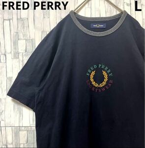 FRED PERRY フレッドペリー 半袖 リンガーネック Tシャツ サイズL ブラック デカロゴ ビッグロゴ 刺繍ロゴ センターロゴ 送料無料