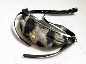 美品 Vivienne Westwood ヴィヴィアンウエストウッド ボディバッグ バッグ レザー オーブ レオパード 総柄 ブラック 黒 金 グレー △7