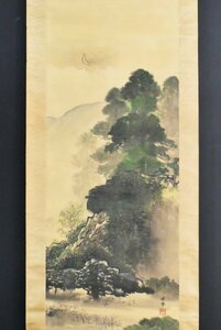 K3594 真作 晴挙「月下山水図」絹本 肉筆 日本画 絵画 アート 中国 掛軸 掛け軸 古美術