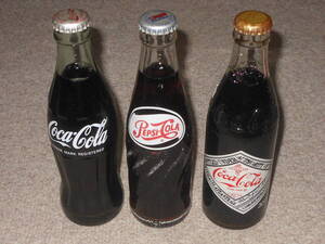 コカコーラ,ペプシコーラ,25th,未開封,ガラス,瓶,3本,190ml,192ml,CocaCola,PEPSICOLA,ボトル,キャップ,昭和,レトロ,100YEARS,ステッカー