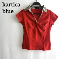 kartica blue 赤　レッド　半袖　襟　チェック　シンプル　Vネック