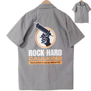 5690/SPIRIT 半袖ワークシャツ S●ROCK HARD CAULKING ワッペン プリント●洗濯プレス済●ネコポス可●古着