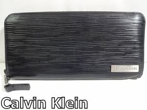 X4J042◆本物◆ ck カルバン・クライン Calvin Klein 本革レザー ブラック ジップラウンドファスナー 小銭入れあり ウォレット 長財布