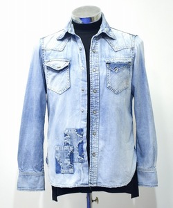 TMT (ティーエムティー) L/SL CRUSH DENIM SHIRT 長袖 クラッシュ デニムシャツ インディゴ ウエスタンINDIGO LIGHT名作 初期 COTTON S 　