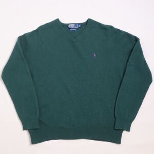 90s Polo by Ralph Lauren Vネック ニット セーター ポロラルフローレン ラルフローレン 長袖 上質 ラムウール XL ノームコア グリーン