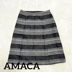 AMACA【40】ひざ丈フレアスカート ボーダー柄 刺繍 濃紺