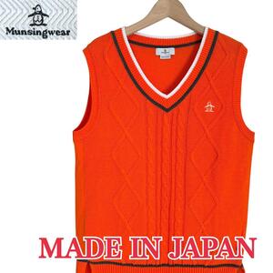 ★サイズL★Munsingwear★ 日本製 Vネックニットベスト ゴルフウェア マンシングウェア オレンジ ペンギン刺繍 レディース T2782 古着公園