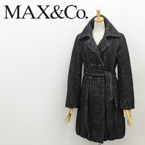 ◆MAX&Co. マックスマーラ モヘヤ＆アルパカ混 チェック柄 リボンベルト付 タック バルーン ダブル コート 黒 ブラック×ホワイト 38