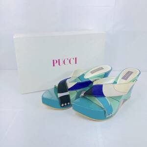 EMILIO PUCCI size35 22cm ウェッジ サンダル ブルー 総柄 エミリオ プッチ