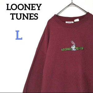 LOONEY TUNES ルーニーチューンズ 刺繍ロゴトレーナー バーガンディ ワインレッド ボルドー ルーニーテューンズ バックスバニー US古着 