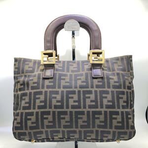 FENDI フェンディ ハンドバッグ トート 手提げ ズッカ柄 ロゴ総柄 FF金具 ゴールド金具 キャンバス レザー 革 茶色 ブラウン レディース