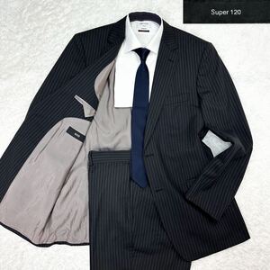 希少サイズ★ HUGO BOSS 【紳士の嗜み】 ヒューゴボス　スーツ　セットアップ　Super120　ストライプ　チャコールグレー　52　2XL相当