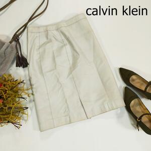 Calvin Klein カルバンクライン レザースカート サイズ2 M グレー ひざ丈 牛革 シンプル 3750