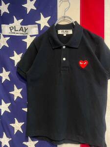 ★日本製★PLAY COMME des GARCONS★プレイコムデギャルソン★半袖ポロシャツ★鹿の子★ハートワッペン★ブラック★黒★Sサイズ★AZ-T005★