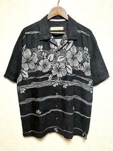 ★美品★Tommy Bahama トミーバハマ 半袖 シルク アロハシャツ L★ブラック 墨黒 モノトーン ハワイアン オープンカラー 開襟 100%SILK