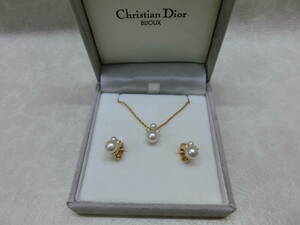 ☆美品☆ #29203 Christian Dior クリスチャンディオール ネックレス/イヤリング セット フェイクパール ラインストーン 箱付き