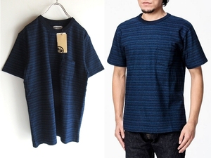 新品タグ付 MOMOTARO JEANS 桃太郎ジーンズ 2022SS INDIGO BORDER TEE 先染インディゴ天竺 ポケット付 ボーダーTシャツ カットソー M 藍色