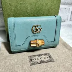 GUCCI 三つ折り 財布 ダイアナ バンブー ライトブルー GGマーモント