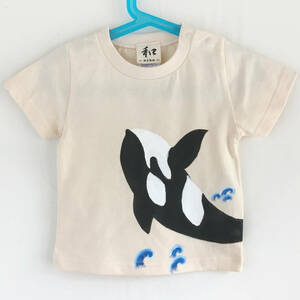 キッズ Tシャツ 90サイズ ナチュラル シャチTシャツ 手描きで描いたシャチのTシャツ 半袖 動物 子供服 ハンドメイド