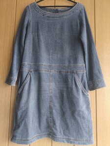 中古 服 柔らかいデニム風生地 長袖 ワンピース チュニック M ポケットがあって便利 3シーズン