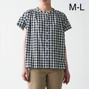 無印良品 洗いざらし凝然フレンチスリーブブラウス ギンガムチェック M-L 洗える 美品