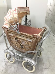 未使用長期保管品　乳母車　ベビーカー　手押し車　藤製　ステンレスパイプ　ブレーキ付　昭和　レトロ　アンティーク　桃太郎