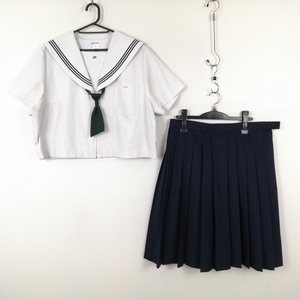 1円 セーラー服 スカート ネクタイ 上下3点セット 175B 大きいサイズ 特大 夏物 緑3本線 女子 学生服 大分三重中学 白 中古 ランクC EY1310