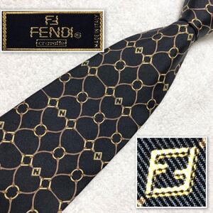 ■美品■FENDI フェンディ　ネクタイ　FF金具　紐　サークル　網目状　総柄　シルク100% イタリア製　ブラック