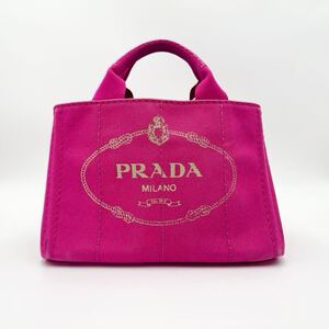 1円〜 美品 PRADA プラダ カナパ ハンドバッグ トートバッグ キャンバス デニム 三角 ロゴ プレート デカロゴ ジャガード ピンク 