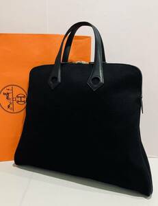 HERMES ● 新品同様 バッグ 黒 ハンドバッグ レザー 本革 キャンバス エルメス ブラック