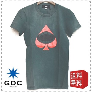 GDC ジーディーシー 綿100% 半袖Tシャツ 丸首 アメリカ製 ダメージウォッシュ スペード柄 ユニセックス メンズXSサイズ 緑 送料無料 A333