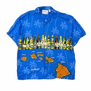 90s ビール柄 アロハシャツ XXL ブルー 総柄 ボタンシャツ 半袖シャツ BEER ハワイ HAWAII 飛行機 島 ヴィンテージ