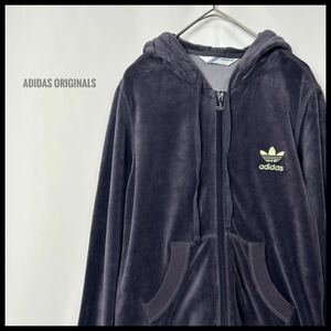 adidas originals アディダスオリジナルス　ベロア　パーカー　フーディー　パープル　刺繍ロゴ　トラックジャケット　 ジップアップ